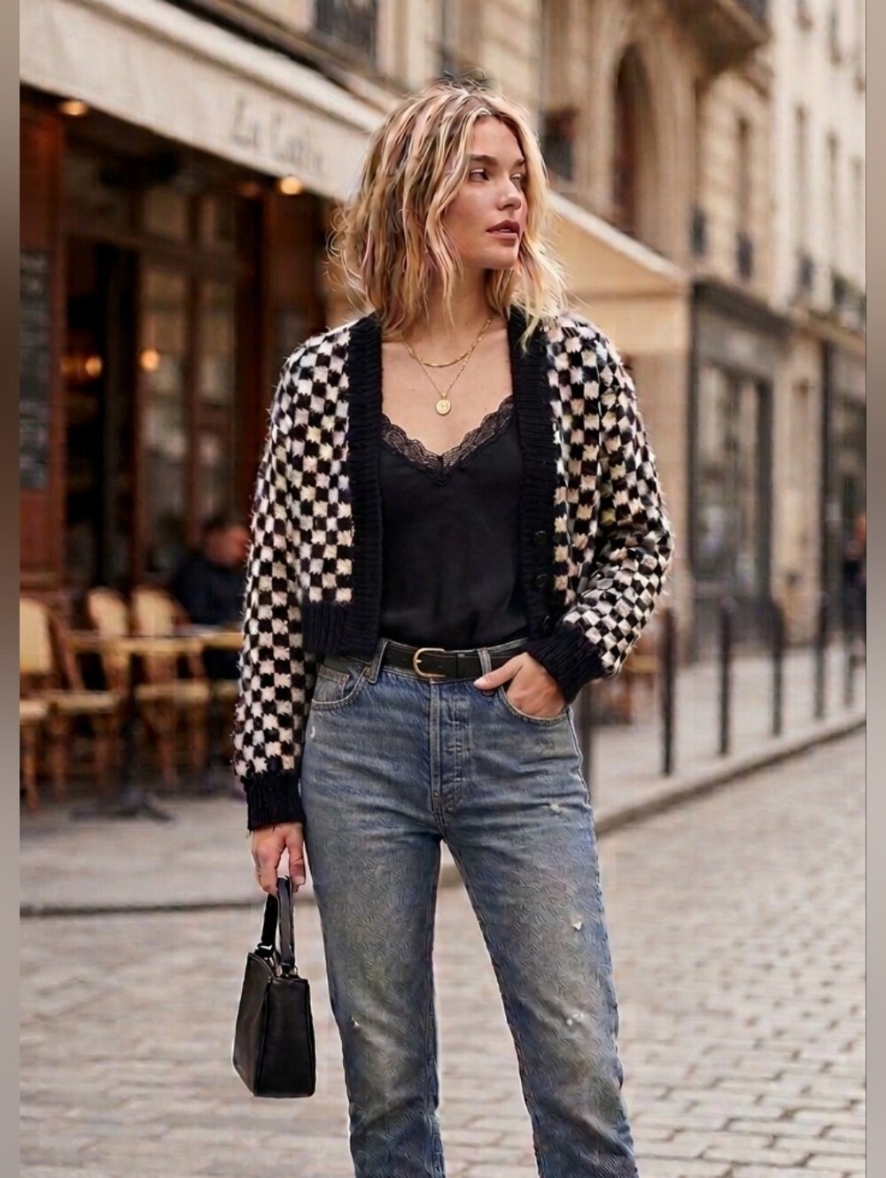 ZARA Black and Cream Checker Knit Sweater Size Large